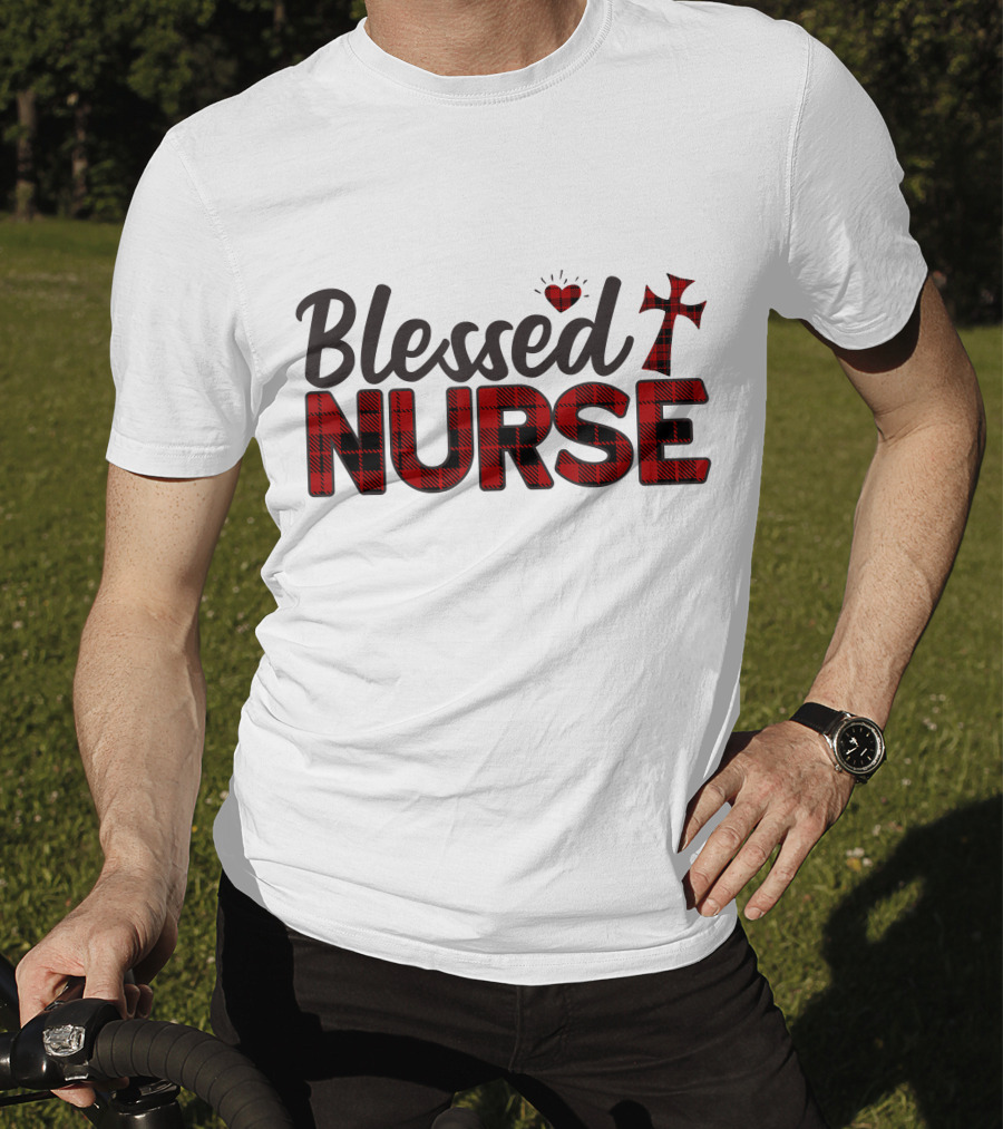Blessed Nurse Plaid Heart Cross Christian T-Shirt