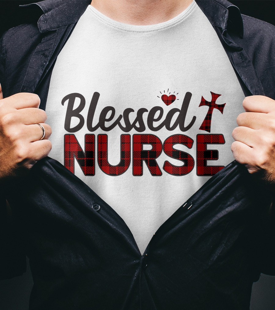 Blessed Nurse Plaid Heart Cross Christian T-Shirt