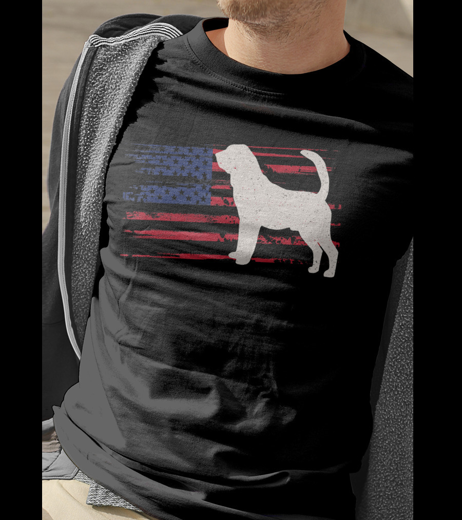 Bloodhound Puppy Silhouette With Distressed American Flag Background T-Shirt