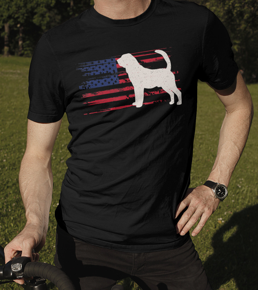 Bloodhound Puppy Silhouette With Distressed American Flag Background T-Shirt