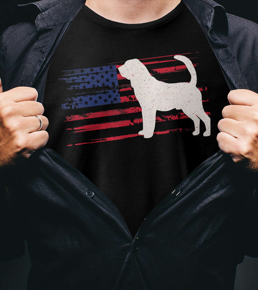 Bloodhound Puppy Silhouette With Distressed American Flag Background T-Shirt