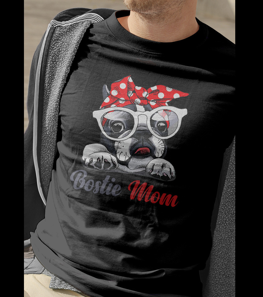 Bostie Mom Boston Terrier Dog With Red Polka Dot Bandana And Glasses T-Shirt