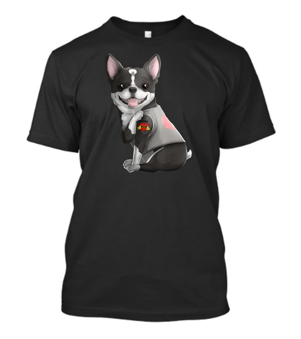 Boston Terrier I Love Mom Tattoo Dog With Heart And Banner T-Shirt