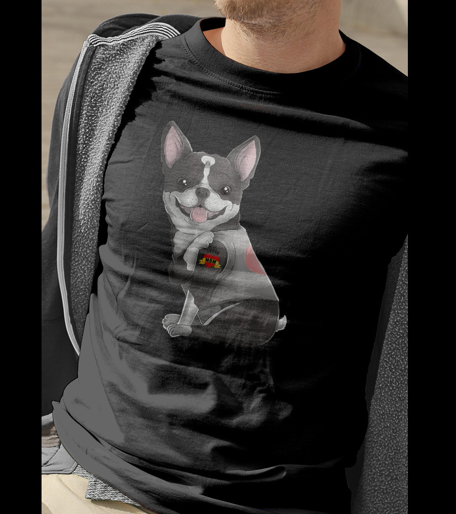 Boston Terrier I Love Mom Tattoo Dog With Heart And Banner T-Shirt