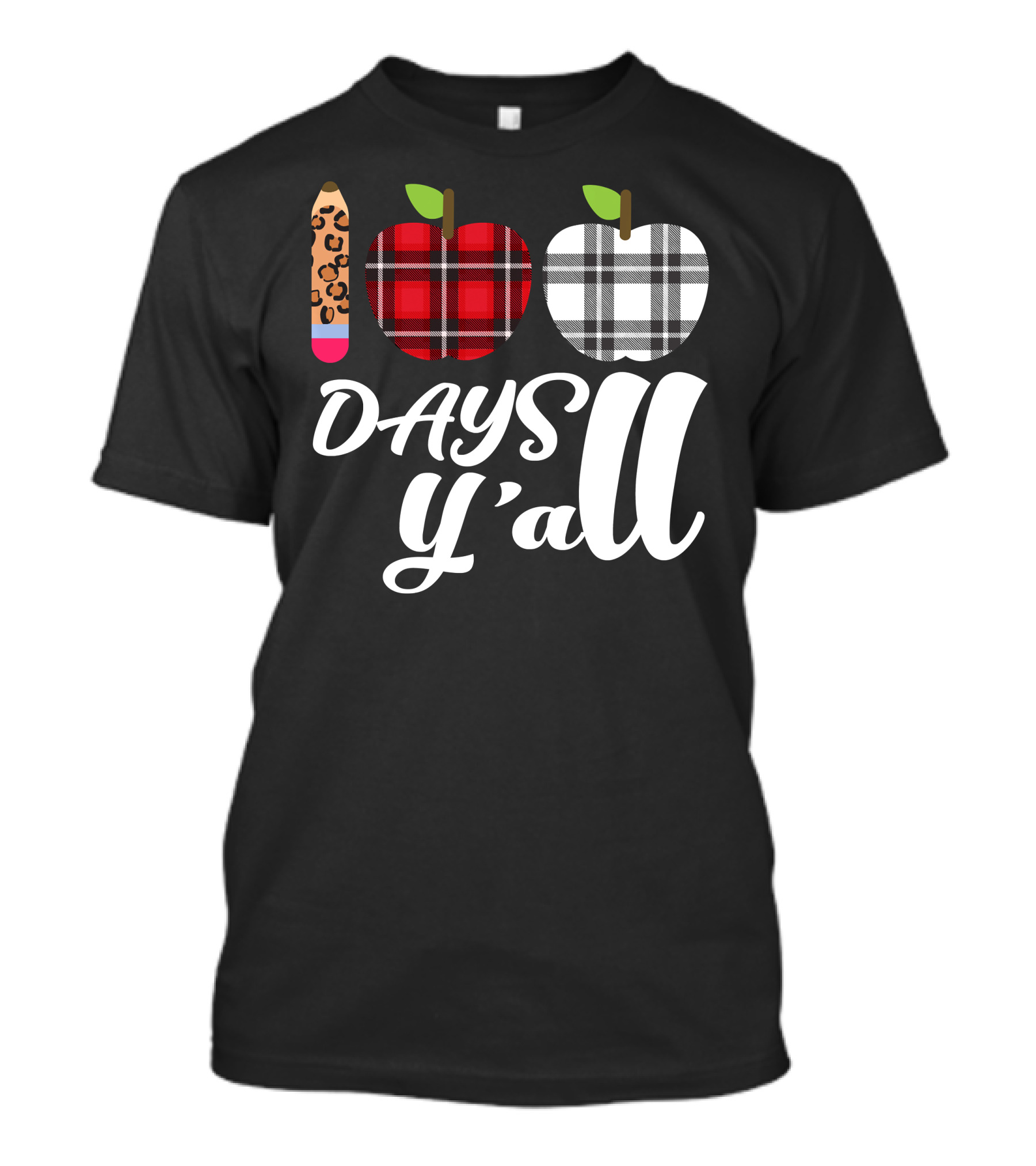 Buffalo Plaid Leopard Pencil 100 Days Y'all Apples T-Shirt