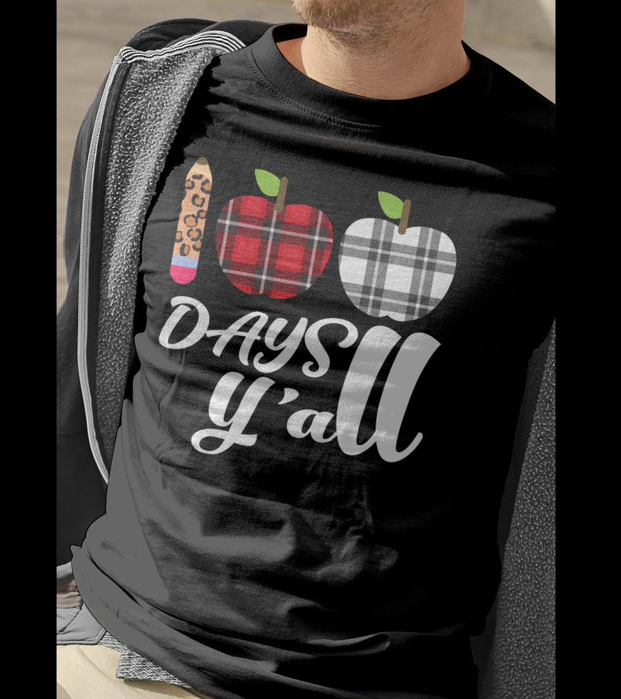 Buffalo Plaid Leopard Pencil 100 Days Y'all Apples T-Shirt