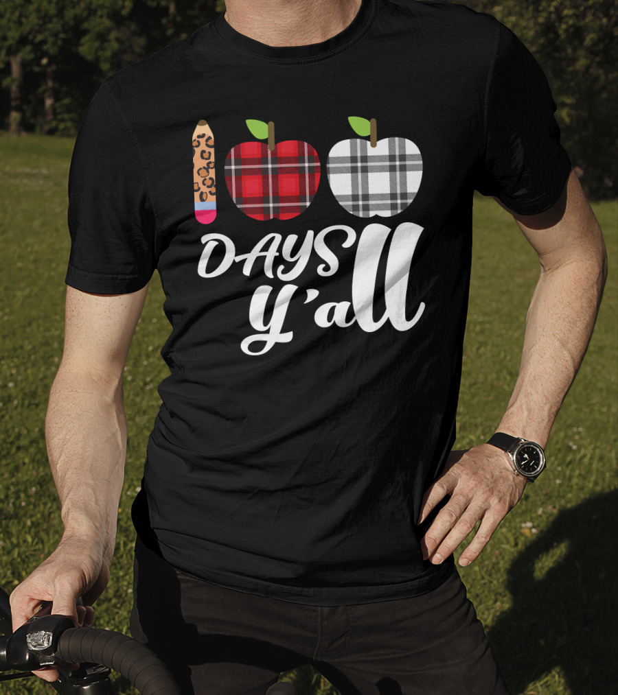Buffalo Plaid Leopard Pencil 100 Days Y'all Apples T-Shirt