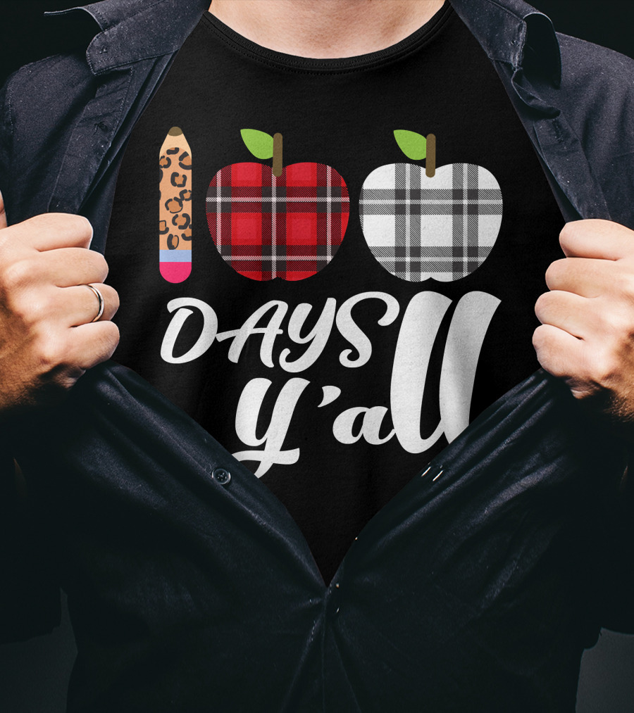 Buffalo Plaid Leopard Pencil 100 Days Y'all Apples T-Shirt