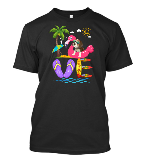 Love Summer Flamingo Beagle With Sunglasses And Flip Flops Surfboards T-Shirt