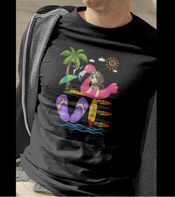 Love Summer Flamingo Beagle With Sunglasses And Flip Flops Surfboards T-Shirt