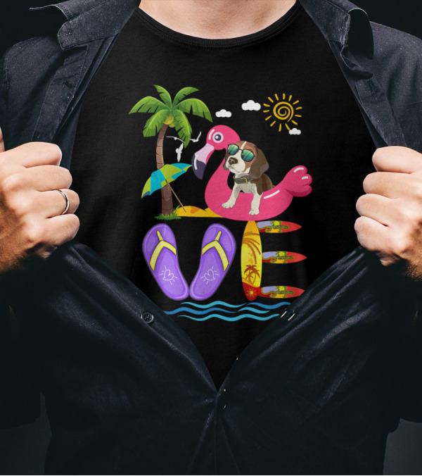 Love Summer Flamingo Beagle With Sunglasses And Flip Flops Surfboards T-Shirt