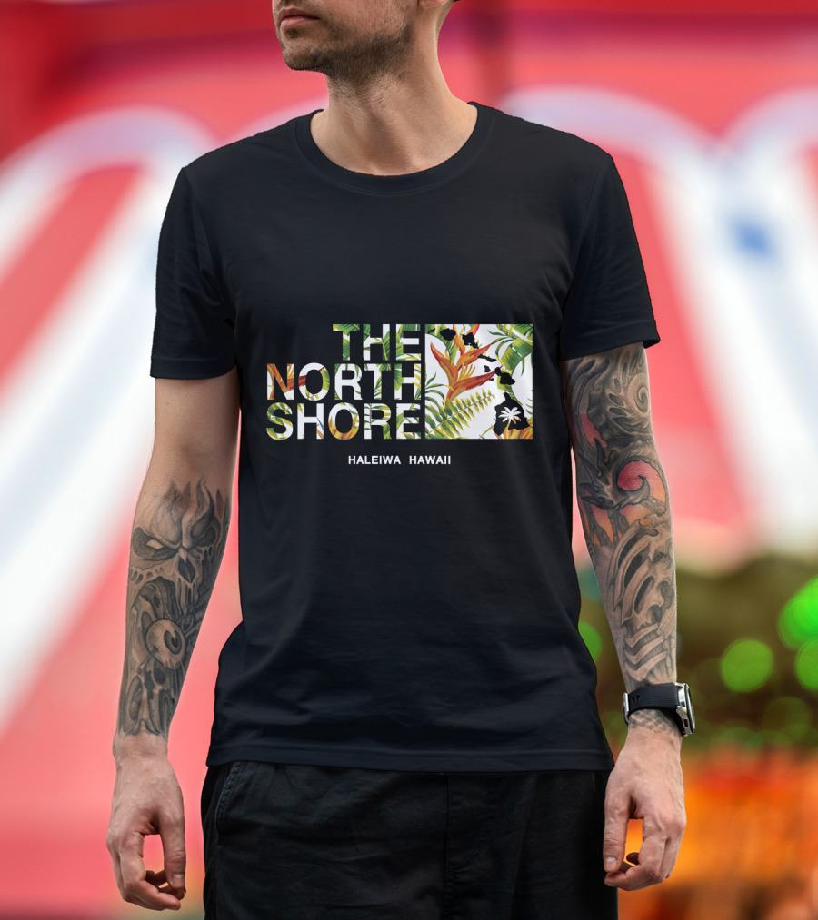 The North Shore Haleiwa Hawaii Tropical Bird of Paradise Ferns and Palm Map T-Shirt