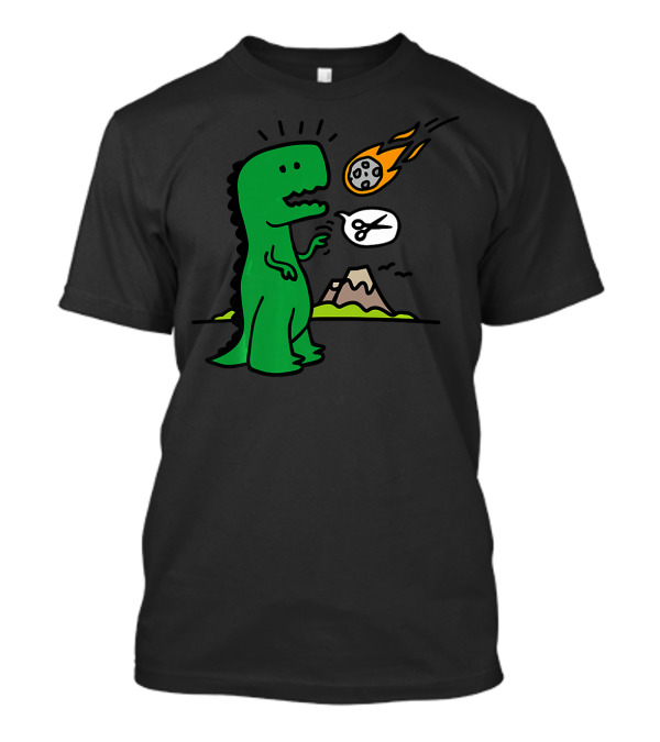 Rock Paper Scissors Rex Funny Dinosaur With Meteor And Scissors Scene T-Shirt
