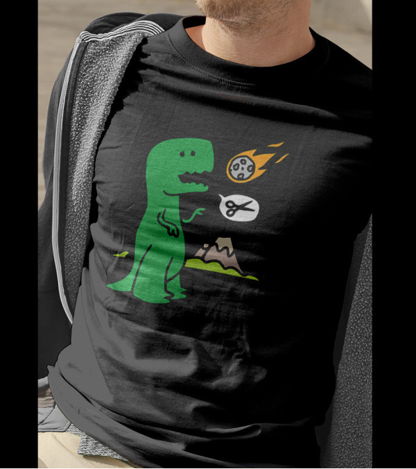 Rock Paper Scissors Rex Funny Dinosaur With Meteor And Scissors Scene T-Shirt