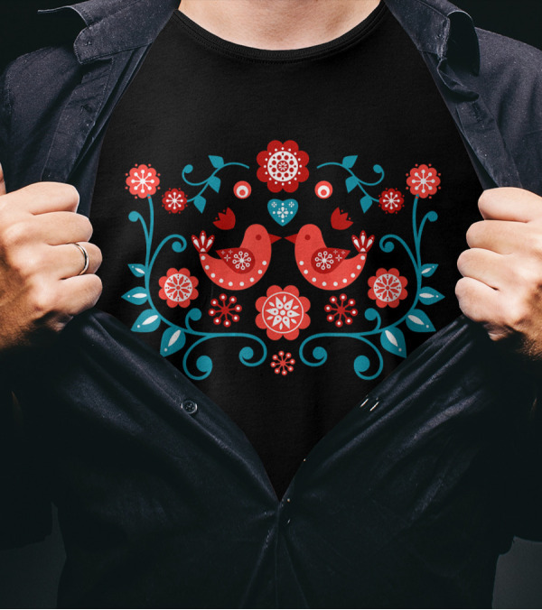 Scandinavian Folk Art Bird Floral T-Shirt