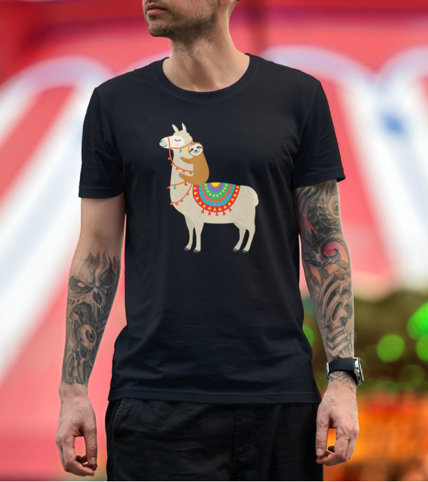Premium T-Shirt: Sloth Hugging Llama with Colorful Blanket Valentines Day T-Shirt Sloth Hugging Llama with Colorful Blanket Valentines Day T-Shirt