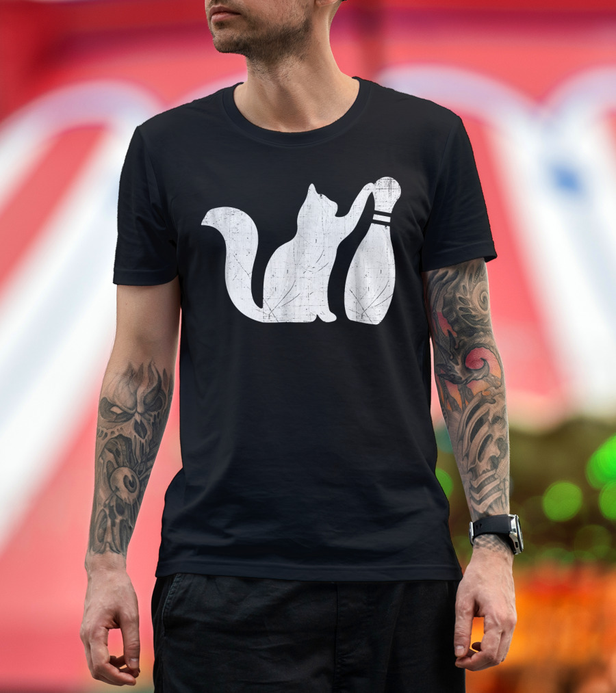 Cat Knocking Over Bowling Pin Cute Kitty Playful T-Shirt