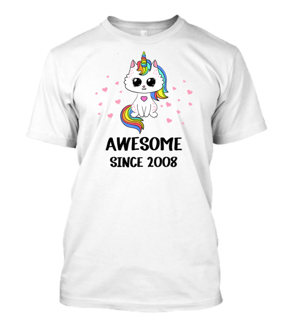 Awesome Cat Unicorn Heart Since 2008 11th Birth T-Shirt