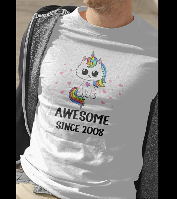 Awesome Cat Unicorn Heart Since 2008 11th Birth T-Shirt