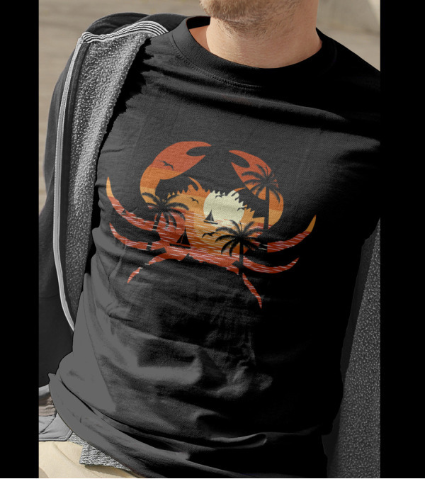 Crab In Sunset With Palm Trees Yacht Summer Beach Scene T-Shirt