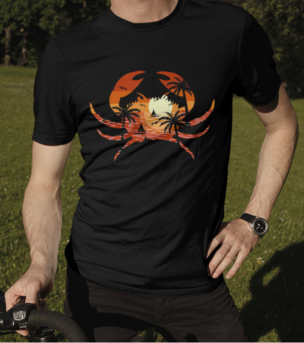 Crab In Sunset With Palm Trees Yacht Summer Beach Scene T-Shirt