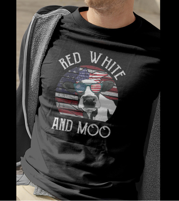Red White And Moo Patriotic Cow US Flag Sunglasses Bandana T-Shirt