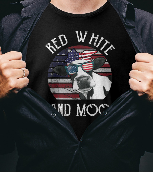 Red White And Moo Patriotic Cow US Flag Sunglasses Bandana T-Shirt