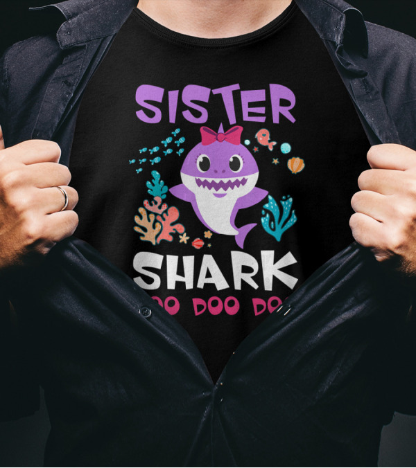 Sister Shark Doo Doo Doo Underwater Theme With Cute Purple Shark And Sea Creatures T-Shirt