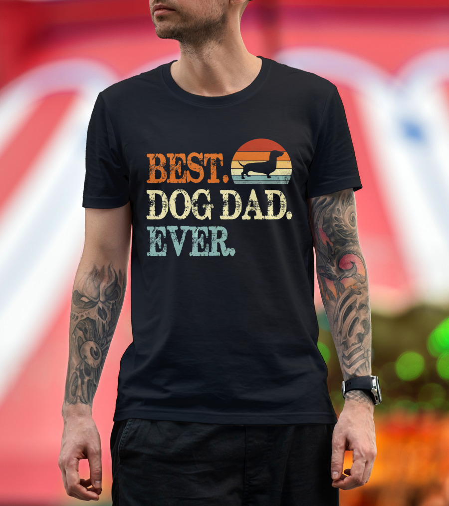 Best Dog Dad Ever Dachshund Retro Vintage Sunset T-Shirt