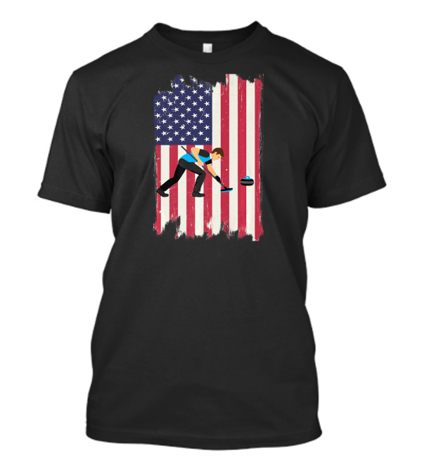 Curling Player With American Flag Background T-Shirt