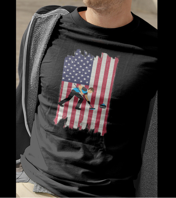 Curling Player With American Flag Background T-Shirt