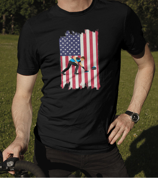 Curling Player With American Flag Background T-Shirt