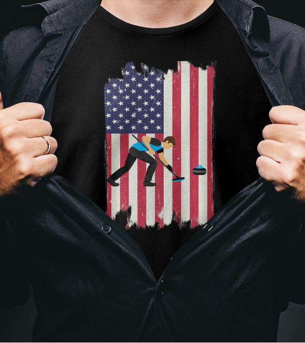 Curling Player With American Flag Background T-Shirt