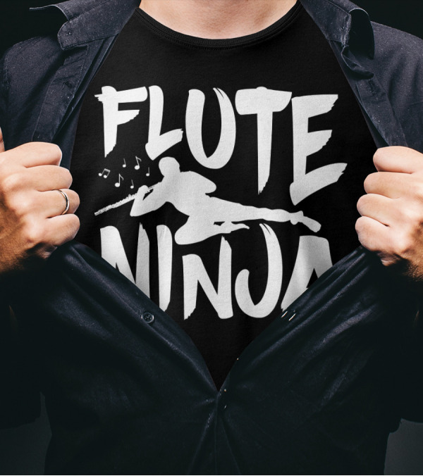 Flute Ninja Musician Silhouette Playing Instrument With Notes T-Shirt