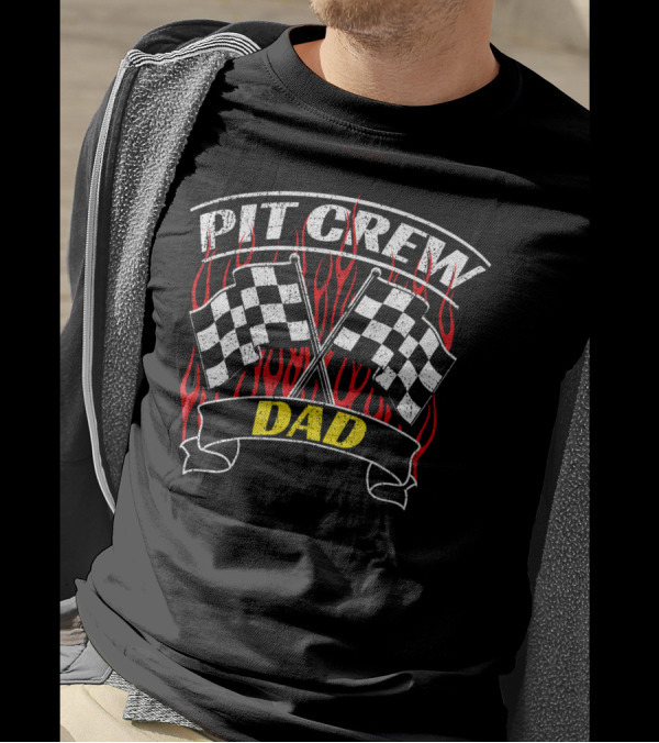 Pit Crew Dad Checkered Flags Racing Flames T-Shirt