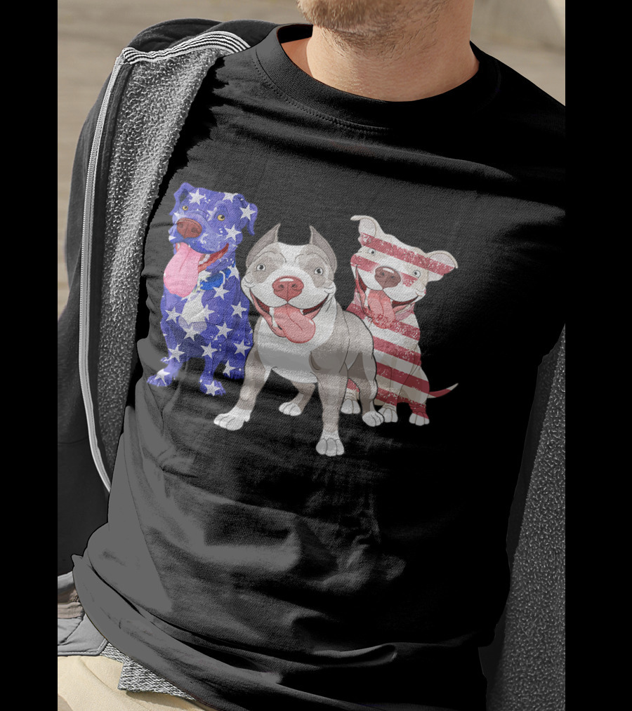Three Pitbulls American Flag July T-Shirt