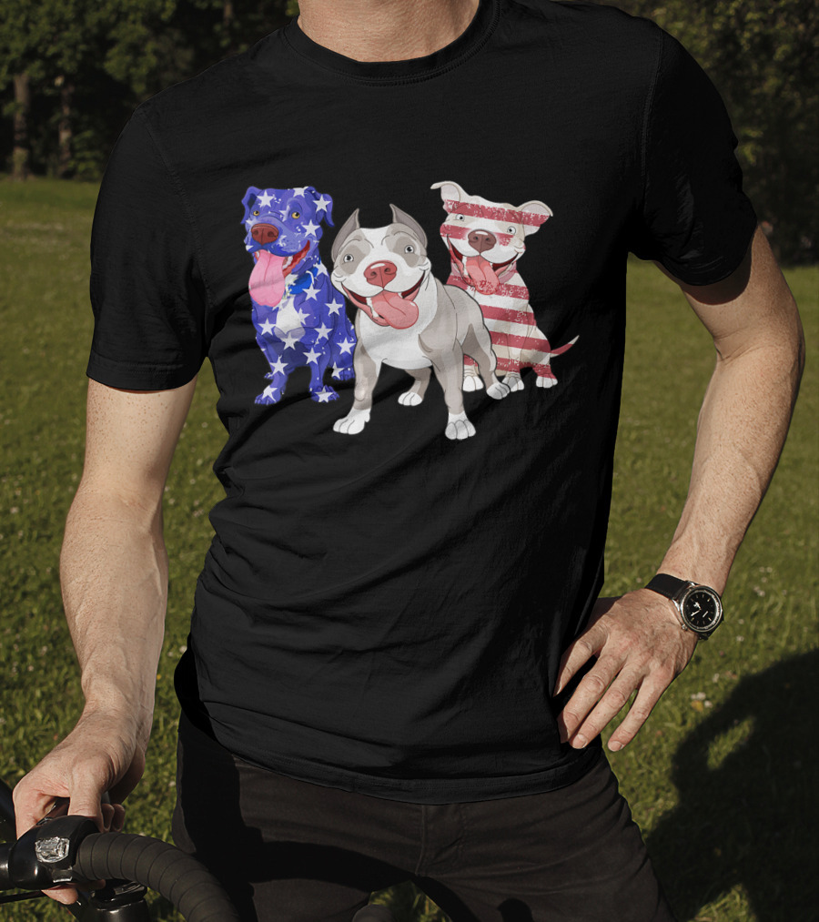 Three Pitbulls American Flag July T-Shirt
