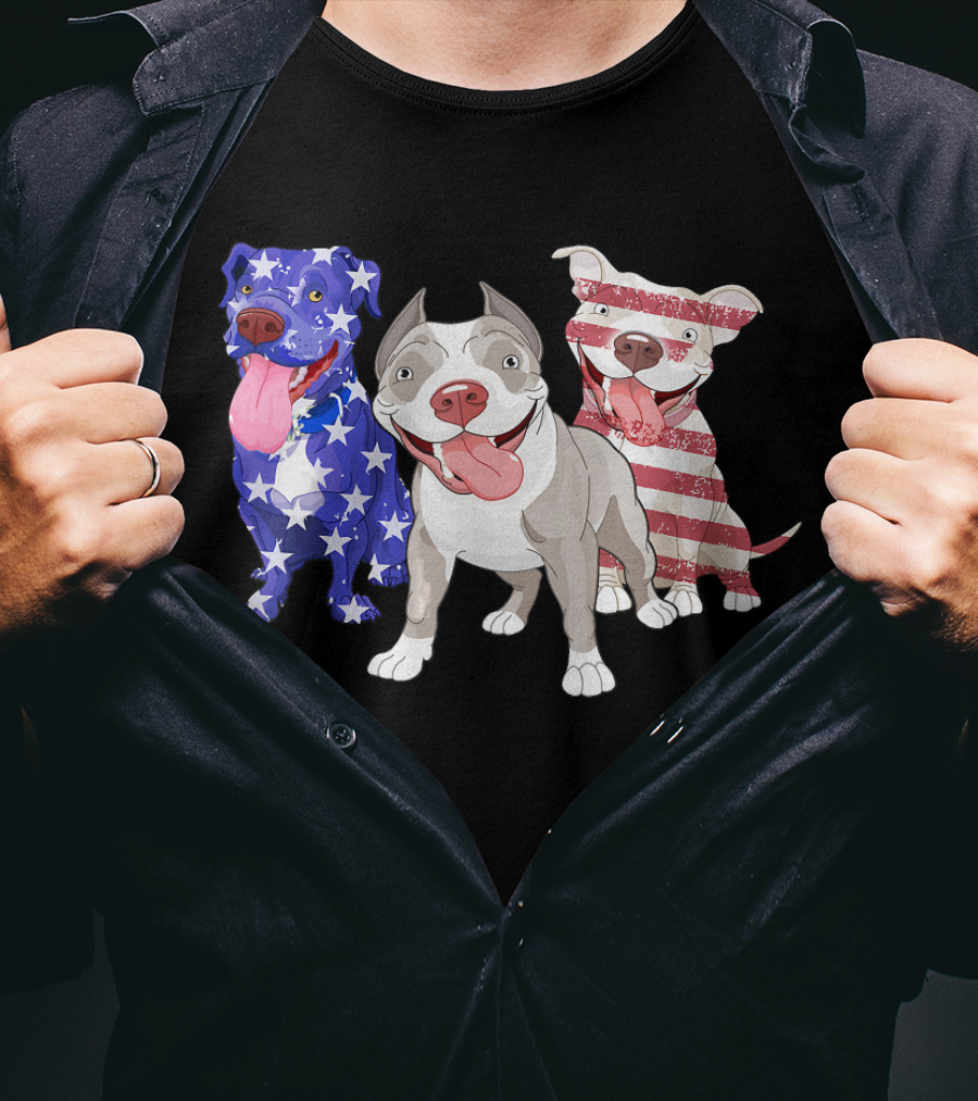 Three Pitbulls American Flag July T-Shirt