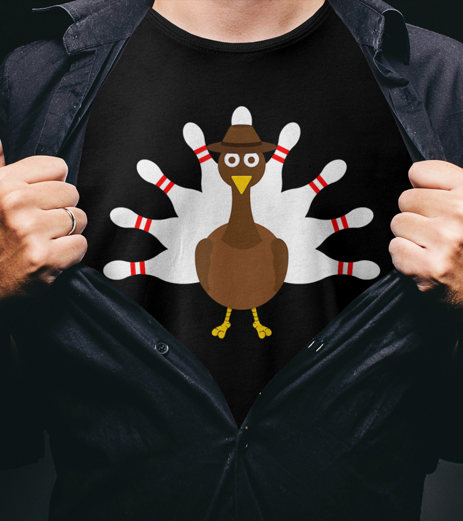 Turkey Bowling Bowler With Hat And Pin Feathers T-Shirt