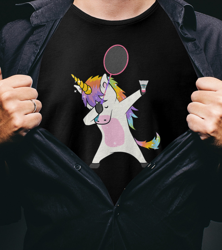 Unicorn Dabbing With Badminton Racket And Shuttlecock T-Shirt