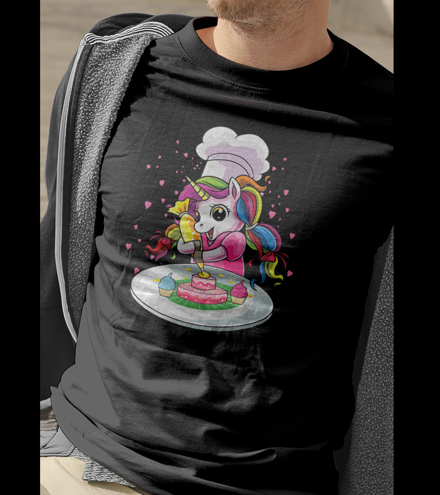Unicorn Chef Decorating Colorful Cupcakes And Cake T-Shirt