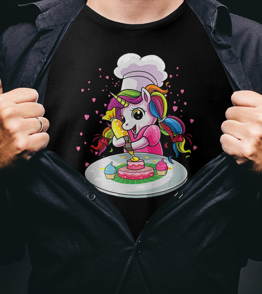 Unicorn Chef Decorating Colorful Cupcakes And Cake T-Shirt