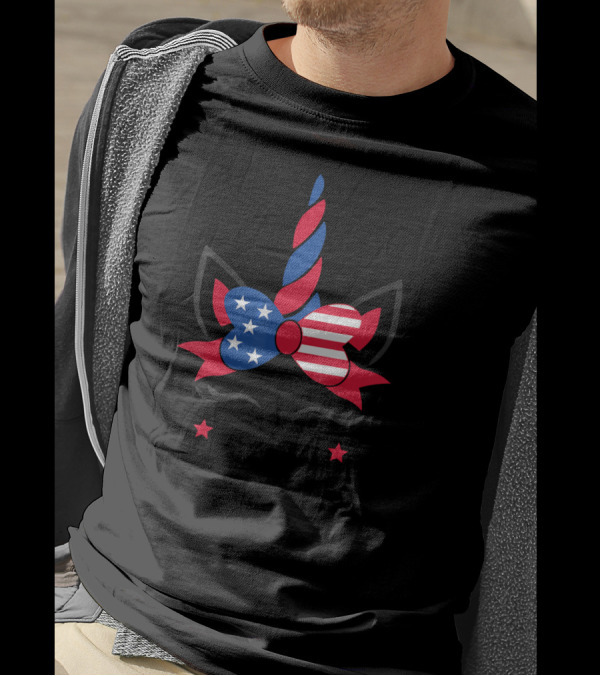 Unicorn With American Flag Bow And Stars Patriotic 4th Of July Cute T-Shirt