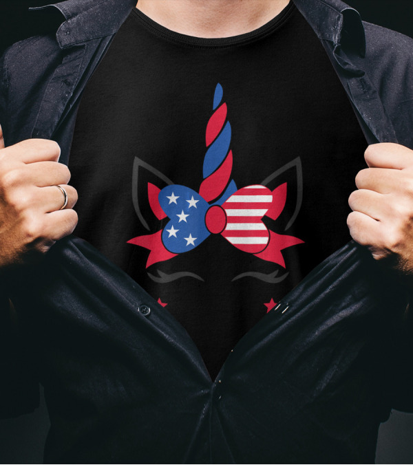 Unicorn With American Flag Bow And Stars Patriotic 4th Of July Cute T-Shirt