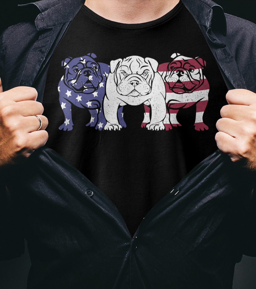 Unique Bulldog Trio American Flag T-Shirt