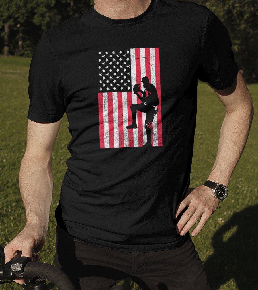 USA American Flag Baseball Pitcher Red White Blue T-Shirt