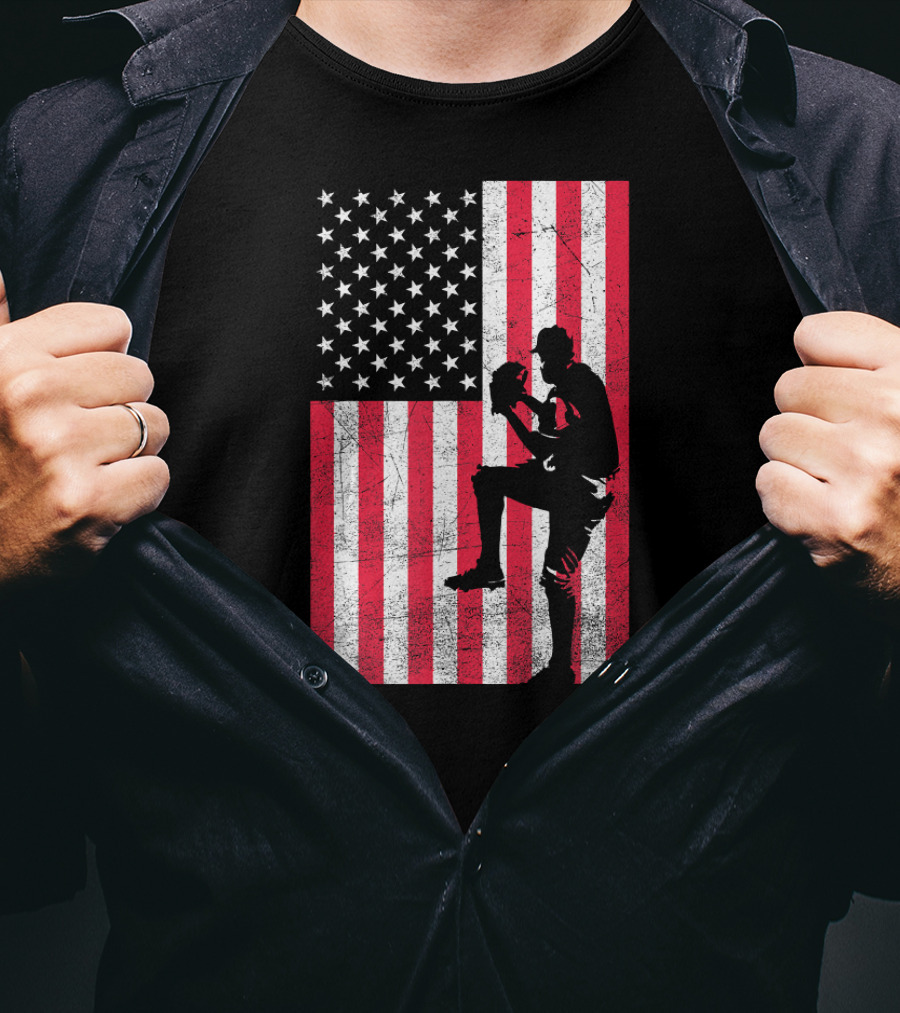 USA American Flag Baseball Pitcher Red White Blue T-Shirt