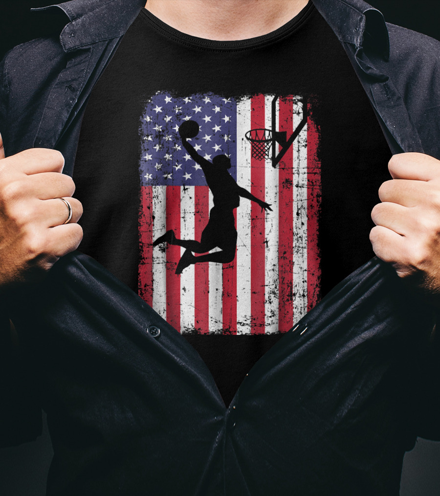 USA American Flag Basketball Dunk T-Shirt