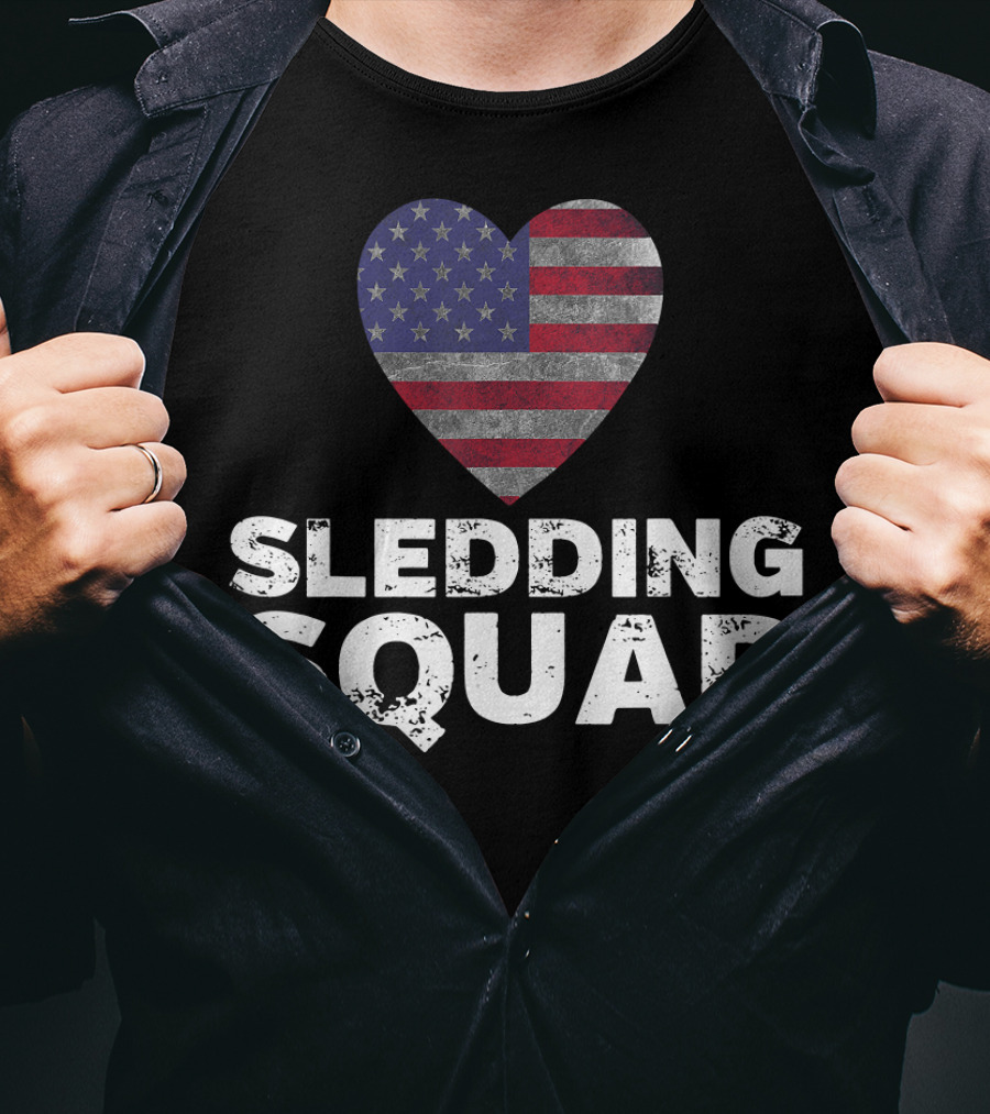 USA Flag Heart Sledding Squad Team T-Shirt