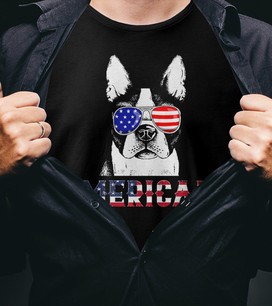 MERICA USA Flag French Bulldog Sunglasses T-Shirt